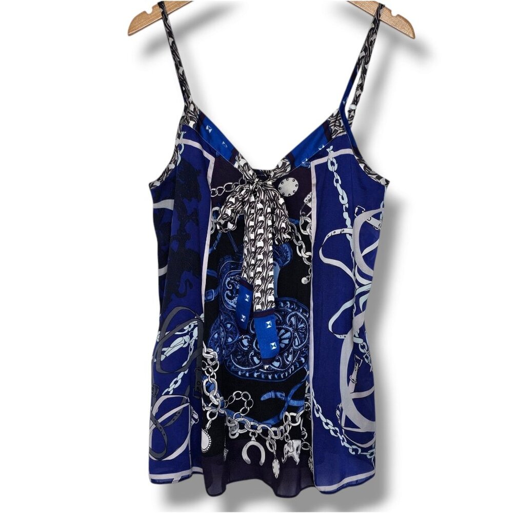 Express Camisole Tank Top Y2K Chain Butterfly Size L Blue‎ Silver Satin Flowy